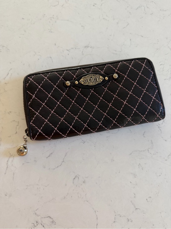 Juicy Couture Handbags - Juicy Couture Brown Quilted Zip-Around Wallet with Pink Stitching